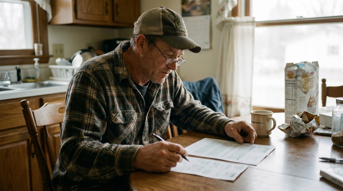 Roofing contractor at a kitchen table comparing two website quotes on paper